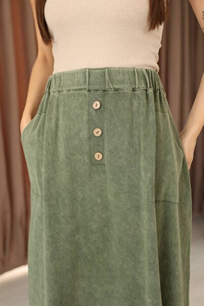 AYASOFYA OTANTIK Women's Khaki Button Detailed Elastic Waist Plain Pattern Pocketed Vintage Detail Cotton Knit Skirt