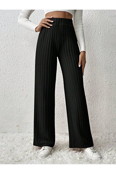 Maly Love Women's Black High Waist Ribbed Wide Leg Knit Pants