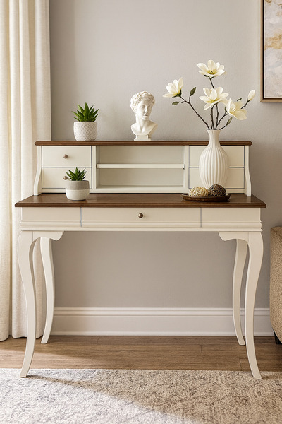 Wooding Mobilya 110 Cm 5 Çekmeceli Masif Beyaz Ceviz Raflı Çalışma Masası