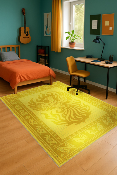 Rugs Modern Halı Mosso Yellow Themed Phoenix Figure Patterned Woven Base Mode...