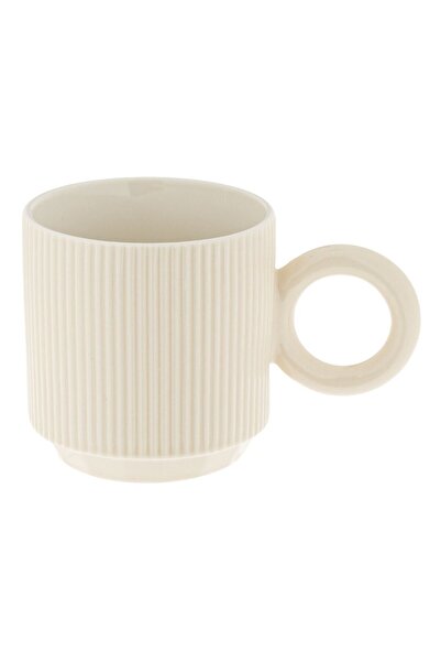 OEM Ecru Ceramic Mug with Embossed Stripe Ring Handle 420ml