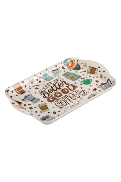 OEM Ecru Serving Tray with Coffee Bean Pattern & Message "Life is better with good coffee" 21x14.5x1.5cm