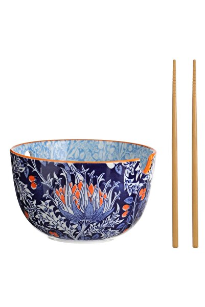 OEM Blue Porcelain Bowl with Orange Patterns & Chopsticks 720ml