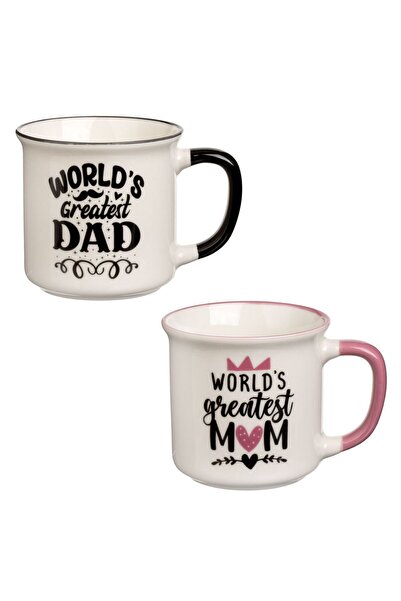 OEM Set of 2 Ceramic Mugs Ecru Pink Black "Greatest Mom & Dad" 340ml