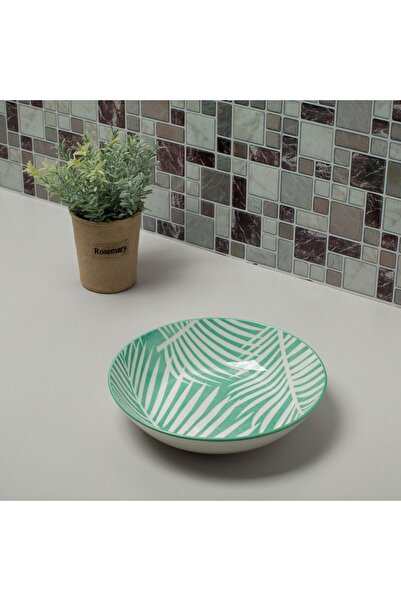 OEM Green Porcelain Deep Plate with White Tropical Leaves 750ml