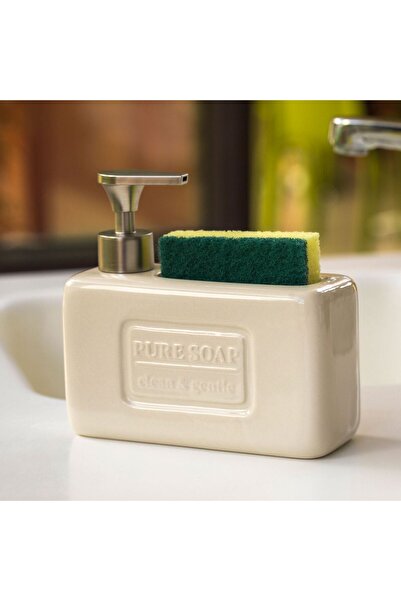 OEM Cream Ceramic Sponge Holder with Dispenser for Sink 17x6.5x16.5cm