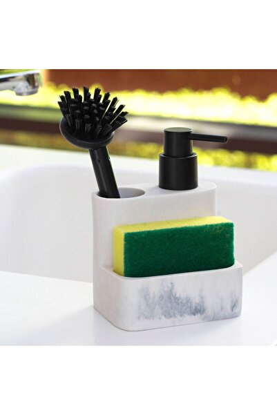OEM Marble Kitchen Sponge Brush Holder & Liquid Detergent Dispenser 11x8.5x15.5cm