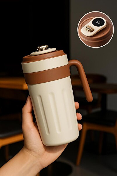 Halk Kitabevi 304 Stainless Steel 700 ml Thermos Cup Mug with Handle and Degree Indicator - Brown