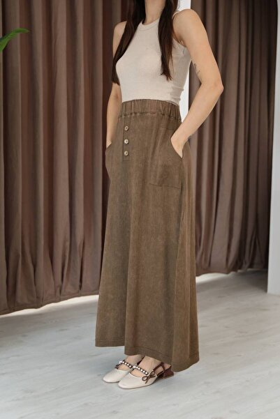 AYASOFYA OTANTIK Women's Brown Button Detailed Elastic Waist Plain Pattern Pocketed Vintage Detail Cotton Knit Skirt