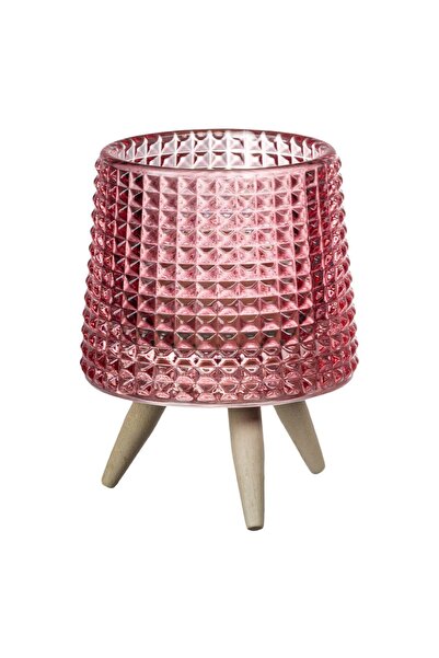 OEM Pink Glass Candle Holder with Wooden Legs Ø7x10.5cm