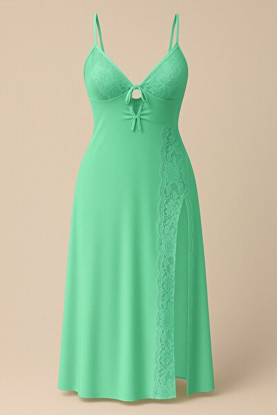 Nice Model Soft Sleeveless Long Nightgown Lace Detailed Side Slit Deep V Triangle Bralette Style Sleepwear