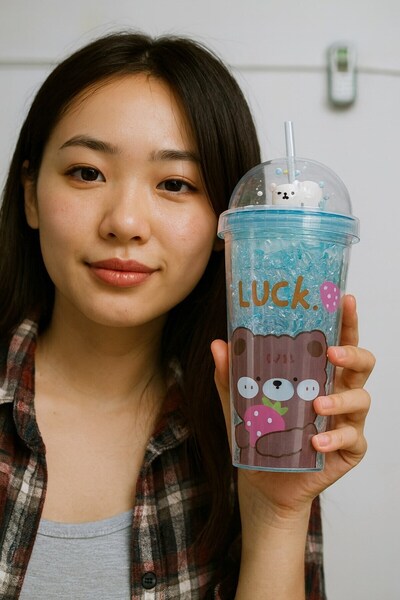 Kesene Cute Colorful Beaded Luck Bear Design Drinking Cup with Straw for Children Water Bottle Blue 2093