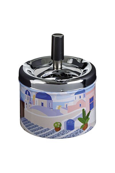OEM Windproof Metal Ashtray Silver with Santorini Pattern Ø9x12cm