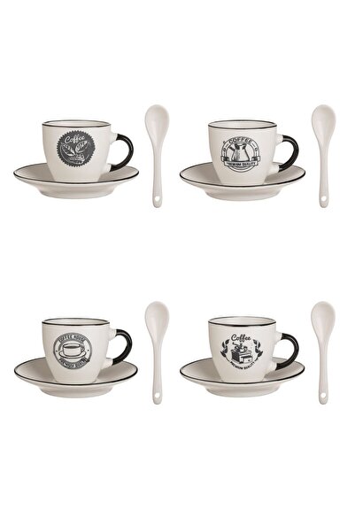 OEM Set of Brown and White Ceramic Cups with Various Patterns, Saucers & Spoons 90 ml - 4 Sets