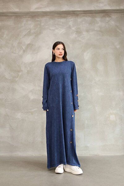 AYASOFYA OTANTIK Жіноче синє плаття з круглим коміром, прямим кроєм, ґудзиками та деталями в стилі «ескідж» з бавовняної трикотажної тканини