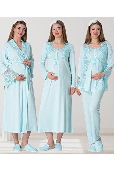 Lohussa Women's Turquoise Shawl Collar Lace Embroidered Special Design Maternity Pajamas Nightgown Dressing Gown Set 4-Piece Set