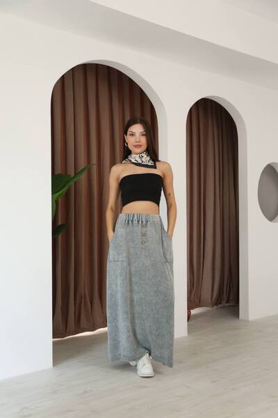 AYASOFYA OTANTIK Women's Gray Button Detailed Elastic Waist Plain Pattern Pocketed Vintage Detail Cotton Knit Skirt