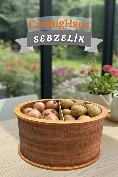 CremigHaus Geleneksel Tasarım Kapaklı Büyük Ahşap Sebzelik Oval Kemençe Desenli