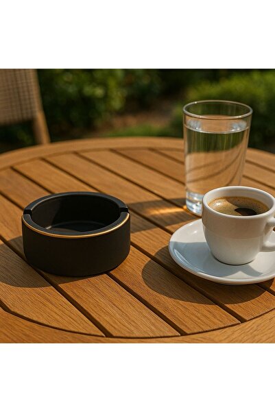 OEM Black Round Cement Ashtray with Gold Rim Ø8.5x3.5cm