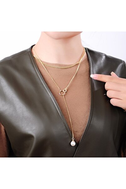 GlaMLo Accessories Colier auriu doua straturi cu perla