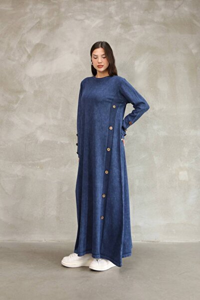 AYASOFYA OTANTIK Жіноче синє плаття з круглим коміром, прямим кроєм, ґудзиками та деталями в стилі «ескідж» з бавовняної трикотажної тканини