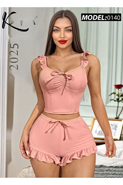 TREN Women's Sleeveless Ruffle Top Pajama Set Elastic Waist Shorts Tie Detail Comfortable Loungewear