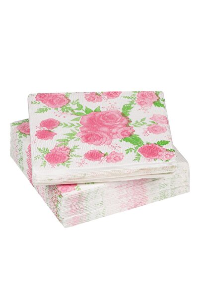 OEM White Table Napkins Pink Roses 33x33cm - 25pcs