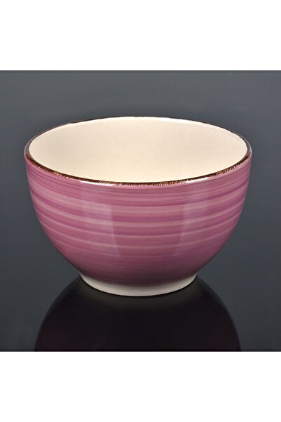 OEM Lilac Beige Ceramic Bowl with Horizontal Stripes & Brown Rim 850ml