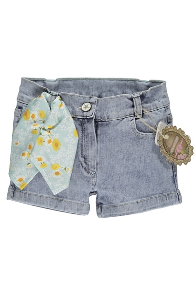 MOR TIRTIL KIZ ÇOCUK EŞARP DETAYLI JEAN ŞORT