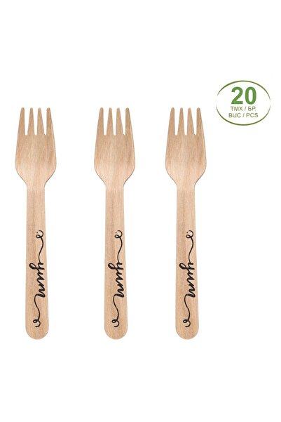 OEM Furculite din Lemn cu Imprimeu ”Yum” 16cm - 20buc