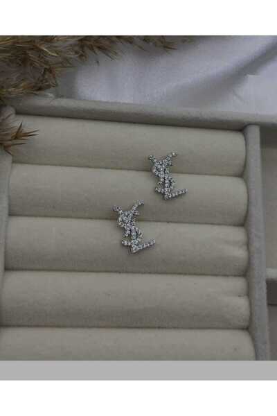 N&V AKSESUAR YSL YAZILI IŞILTILI GÜMÜŞ RENK KADIN ÇELİK KÜPE