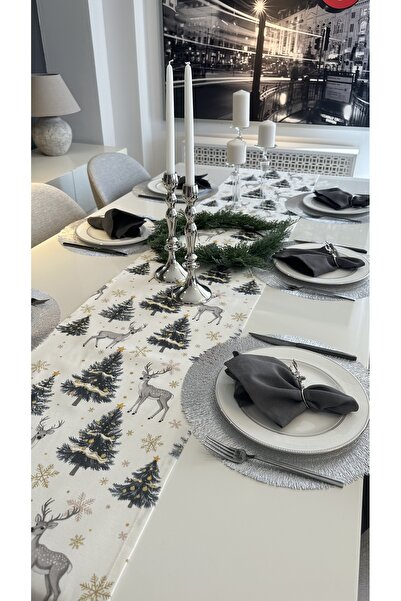 Decamor home New Year Themed Gazelle Patterned White Gray Gold Christmas Runner (Napkin Not Included)