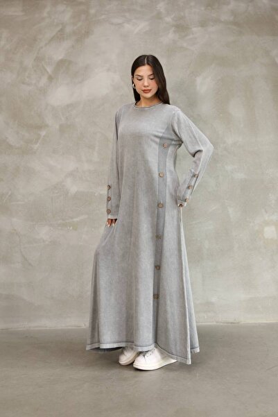 AYASOFYA OTANTIK Women's Gray Round Neck Plain Pattern Button and Distressed Detail Loose Cotton Long Knit Dress