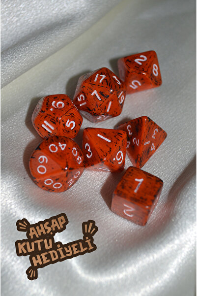 DiceLand Magma Turuncu El Yapımı DND Zar Seti – DiceLand, 7’li RPG Zarları + Ahşap Kutu Hediyeli!