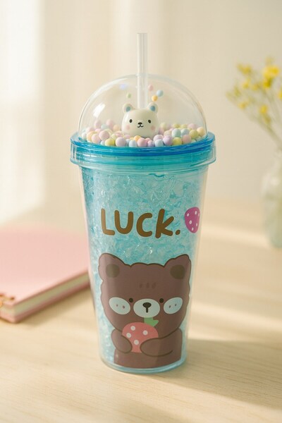 Kesene Cute Colorful Beaded Luck Bear Design Drinking Cup with Straw for Children Water Bottle Blue 2093