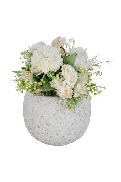 OEM Ghiveci Decorativ din Ciment Alb cu Floare Artificiala Somon Ø15x22cm