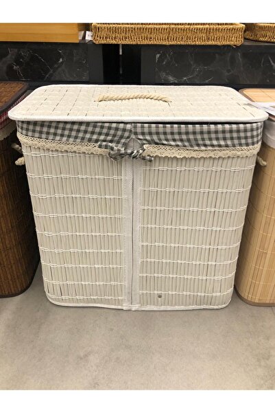 Romans Rattan Katlanabilir Dikdörtgen Çamaşır Sepeti -Çift Bölmeli (52x 32 x 50 Cm)