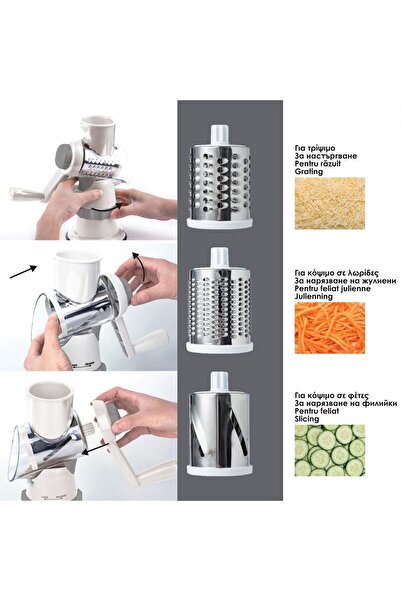 OEM White Manual Slicer with Handle & 3 Blades for Vegetables Ø13.3x25.5cm - 4 pieces