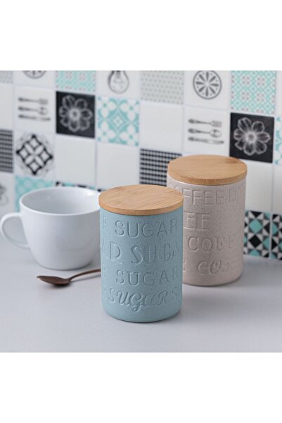OEM Blue Grey Ceramic Jar with Bamboo Sugar Lid 650ml