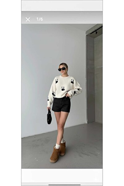 cheen Women's Cute Panda Detailed Trendy Knitwear Top Sweater