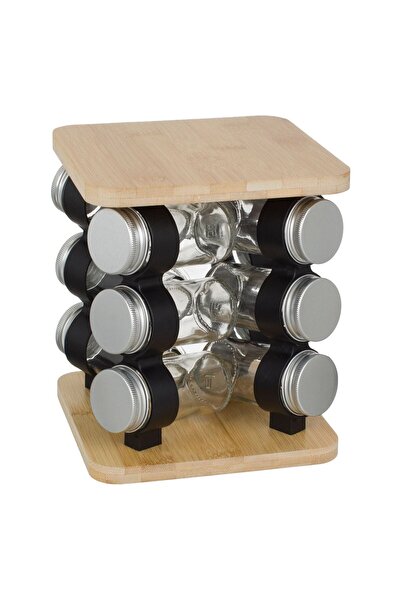 OEM Wooden Rotating Spice Rack with 12 Glass Containers 17.5x17.5x21.5cm