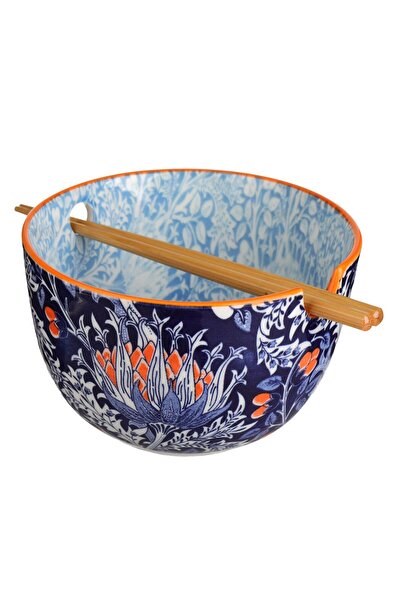 OEM Blue Porcelain Bowl with Orange Patterns & Chopsticks 720ml