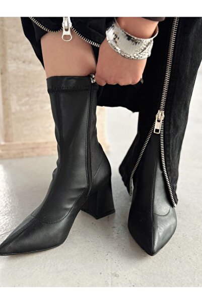 I Love Shoes Nysea Kadın Topuklu Streç Bot Siyah Mat Deri