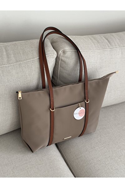 BAGLOVİS Askilari Large Beige Women's Shoulder Bag with Ring Detail En42 Boy32