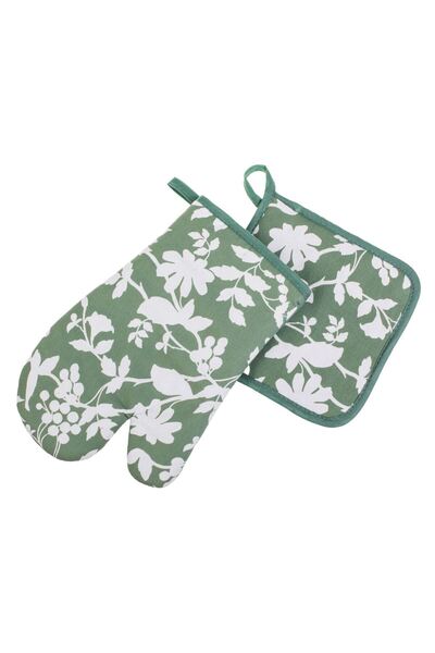 OEM Green White Floral Pattern Kitchen Glove & Napkin - 2pcs