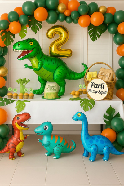 parti hediye sepeti Dinozor Temalı 2 Yaş Doğum Günü Balon Seti | 4 Folyo Dinozor + Rakam Balon + Yeşil Turuncu Balonlar