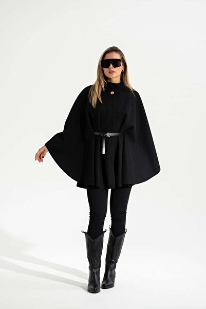 roibyardaözmen Kemerli,Kaşe,Kadın Panço-Siyah