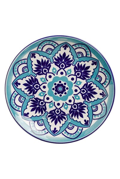 OEM White Porcelain Plate with Turquoise Blue Tribal Pattern for Dessert Ø15cm