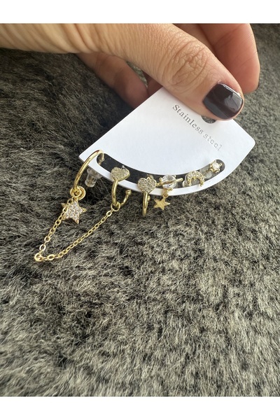 Bijouzel Çelik Altın Çoklu Küpe Seti – Kalp, Yıldız ve Taş Detaylı Zarif Tasarım