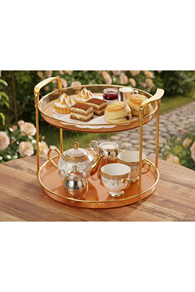 Cozy Nest 2-Tier Round Fruit Serving Tray with Gold Handles Cake Stand for Serving Food, Drinks, Pastry